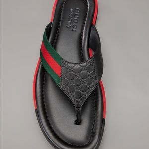 Gucci Logo Black Leather Thong Sandal Flip Flops SZ 39